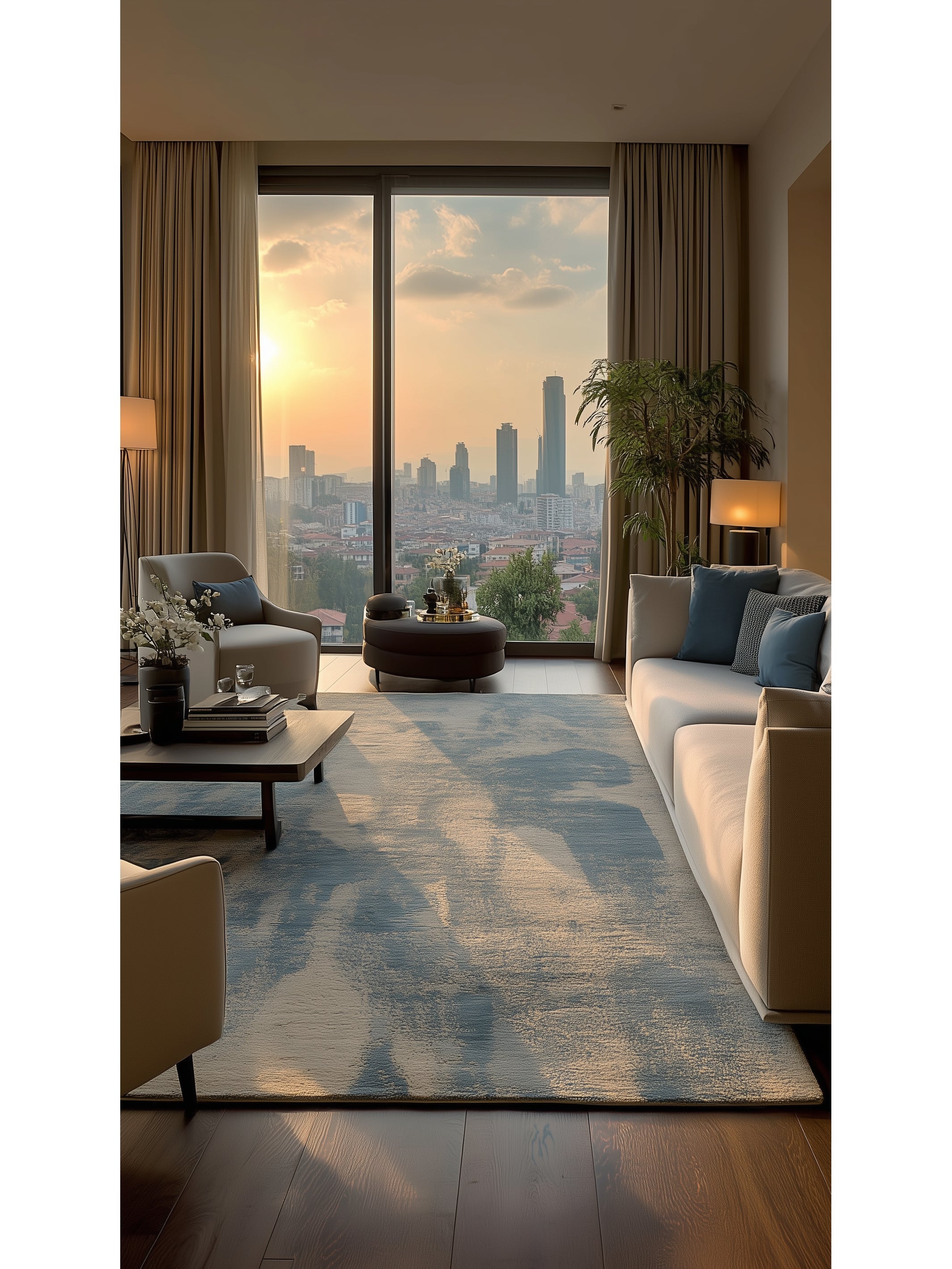 Palette Serisi %100 Naturel Yün Viskon Pamuk El Dokuma İskandinav Salon Oturma Odası Halı BEIGE BLUE